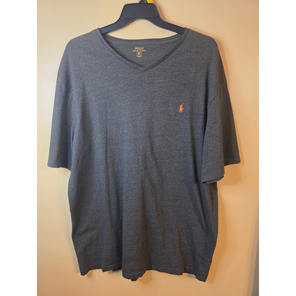 Polo Ralph Lauren Mens XLT V-Neck T-Shirt Gray Heather Orange Pony Logo Tee